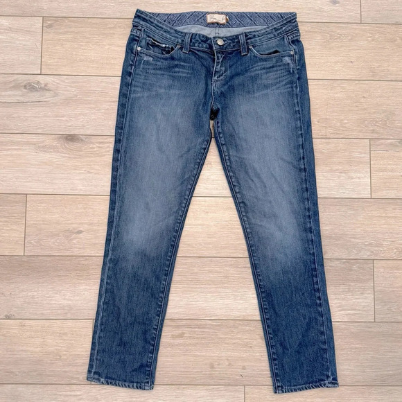 Paige Premium Dark Denim Roxbury Stretch Mid-rise Distressed Straight Leg 29 EUC - Picture 1 of 13